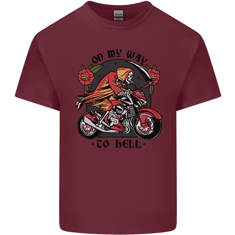 Biker On My Way to Hell Motorbike Skull Mens Cotton T-Shirt Tee Top Maroon