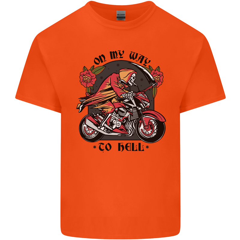 Biker On My Way to Hell Motorbike Skull Mens Cotton T-Shirt Tee Top Orange