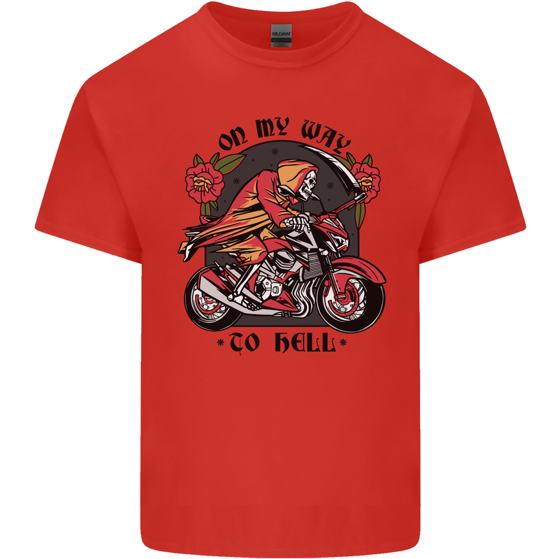 Biker On My Way to Hell Motorbike Skull Mens Cotton T-Shirt Tee Top Red