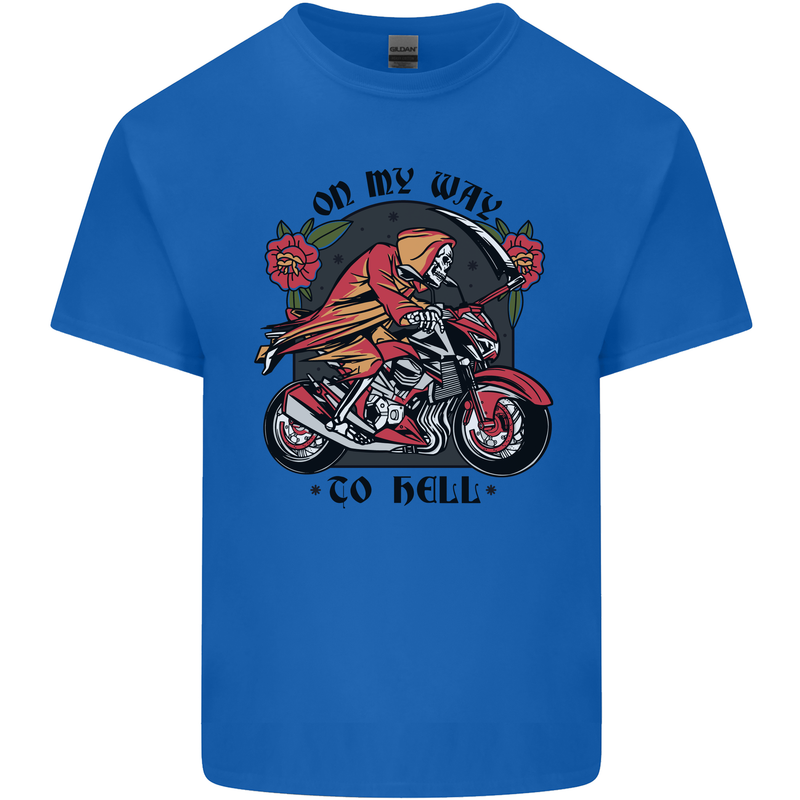Biker On My Way to Hell Motorbike Skull Mens Cotton T-Shirt Tee Top Royal Blue