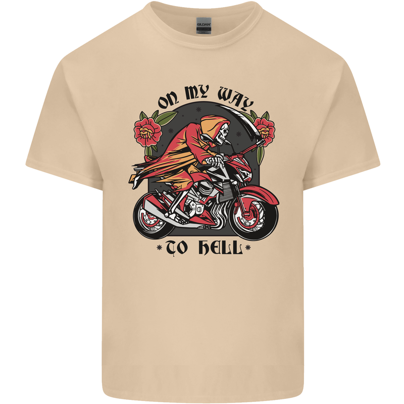 Biker On My Way to Hell Motorbike Skull Mens Cotton T-Shirt Tee Top Sand