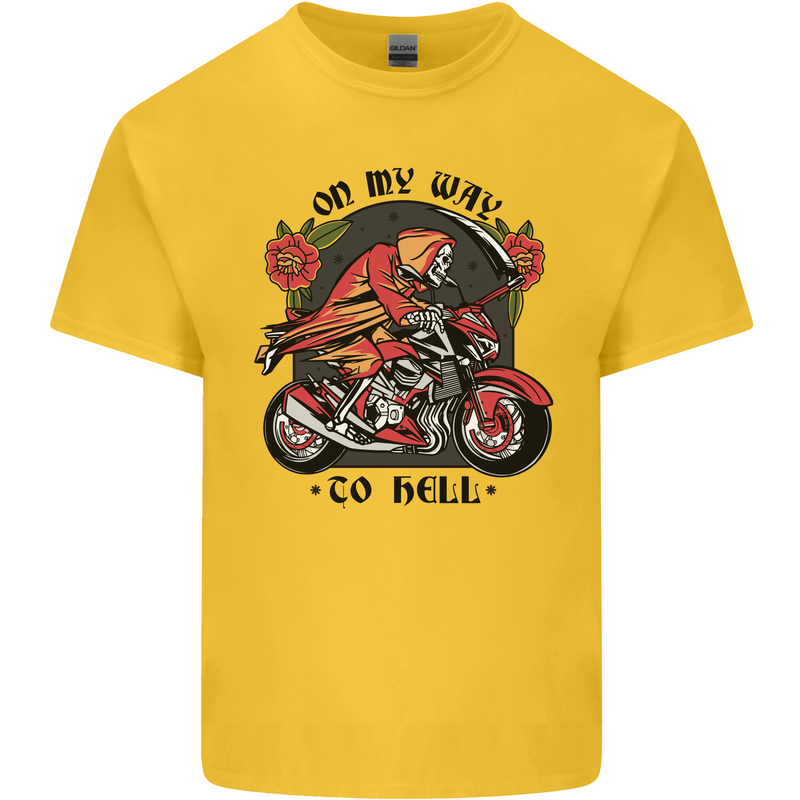 Biker On My Way to Hell Motorbike Skull Mens Cotton T-Shirt Tee Top Yellow