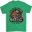 Biker On My Way to Hell Motorbike Skull Mens T-Shirt Cotton Gildan Irish Green
