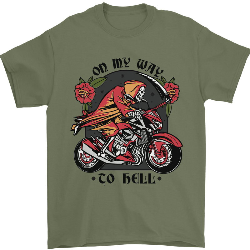 Biker On My Way to Hell Motorbike Skull Mens T-Shirt Cotton Gildan Military Green