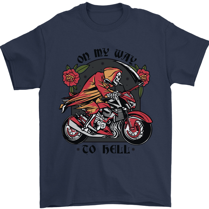 Biker On My Way to Hell Motorbike Skull Mens T-Shirt Cotton Gildan Navy Blue