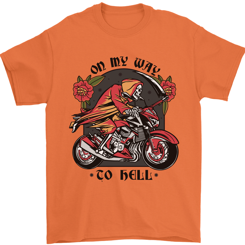Biker On My Way to Hell Motorbike Skull Mens T-Shirt Cotton Gildan Orange