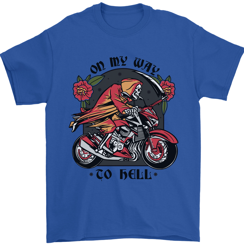Biker On My Way to Hell Motorbike Skull Mens T-Shirt Cotton Gildan Royal Blue
