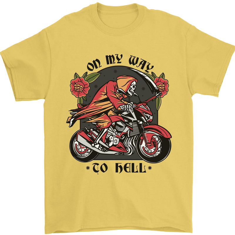 Biker On My Way to Hell Motorbike Skull Mens T-Shirt Cotton Gildan Yellow
