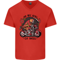 Biker On My Way to Hell Motorbike Skull Mens V-Neck Cotton T-Shirt Red