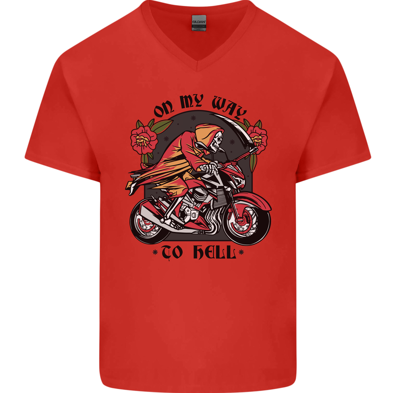 Biker On My Way to Hell Motorbike Skull Mens V-Neck Cotton T-Shirt Red