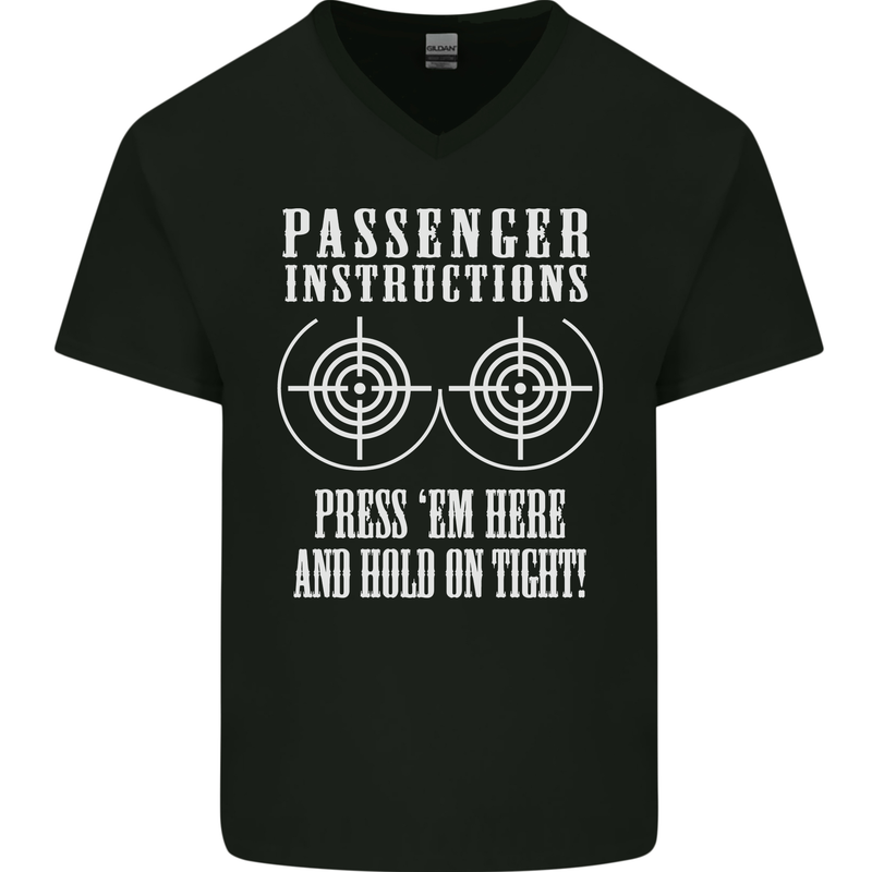 Biker Passenger Instructions Motorcycle Mens V-Neck Cotton T-Shirt Black