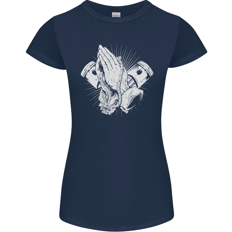 Biker Prayer Biker Motorcycle Motorbike Womens Petite Cut T-Shirt Navy Blue