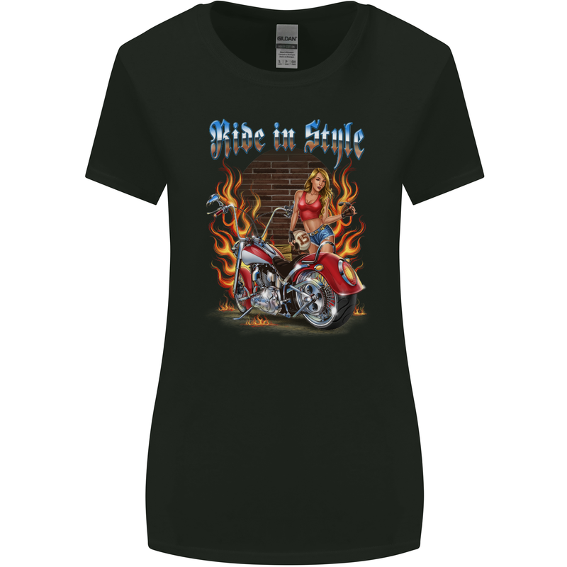 Biker Ride in Style Chopper Motorcycle Womens Wider Cut T-Shirt Black
