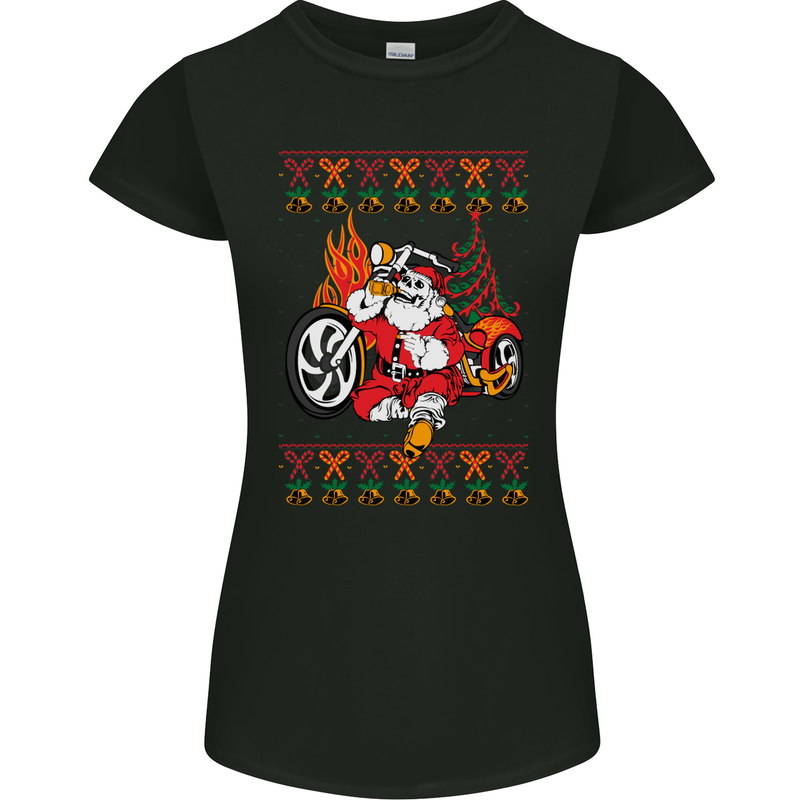 Biker Santa Christmas Motorcycle Motorbike Womens Petite Cut T-Shirt Black