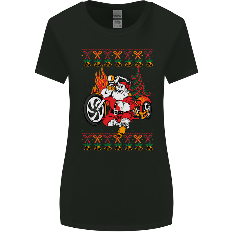Biker Santa Christmas Motorcycle Motorbike Womens Wider Cut T-Shirt Black