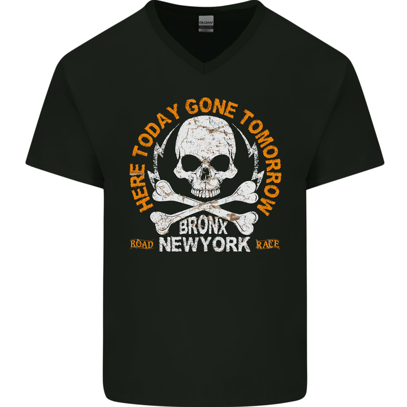 Biker Skull Here Today Motorbike Motorcycle Mens V-Neck Cotton T-Shirt Black