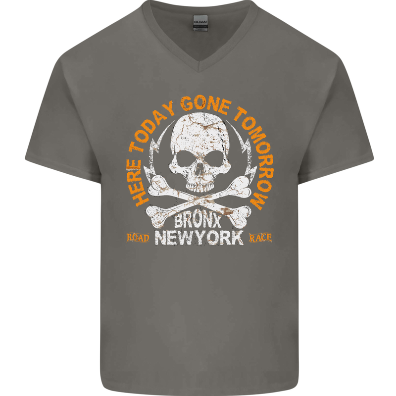 Biker Skull Here Today Motorbike Motorcycle Mens V-Neck Cotton T-Shirt Charcoal