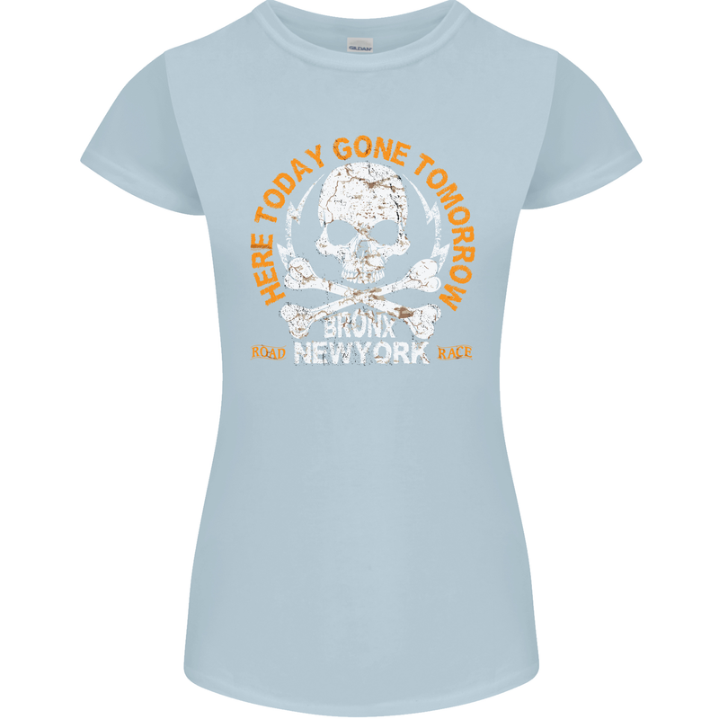 Biker Skull Here Today Motorbike Motorcycle Womens Petite Cut T-Shirt Light Blue