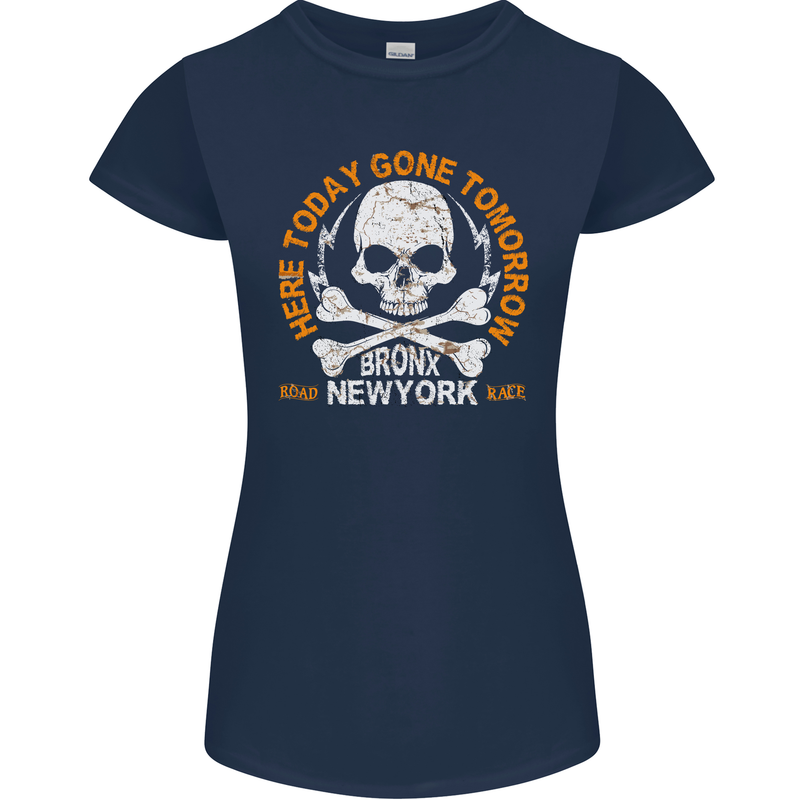 Biker Skull Here Today Motorbike Motorcycle Womens Petite Cut T-Shirt Navy Blue