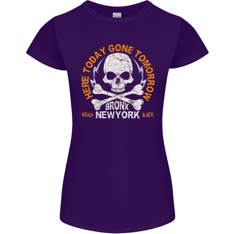 Biker Skull Here Today Motorbike Motorcycle Womens Petite Cut T-Shirt Purple