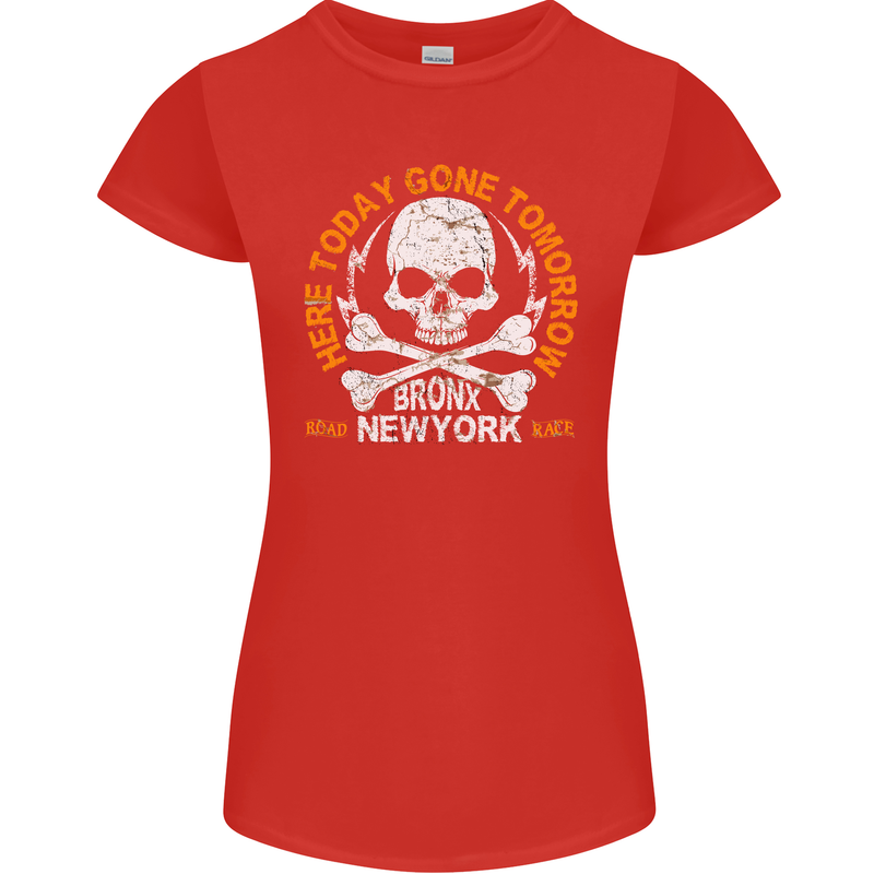 Biker Skull Here Today Motorbike Motorcycle Womens Petite Cut T-Shirt Red