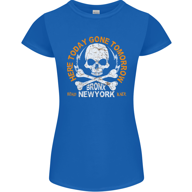 Biker Skull Here Today Motorbike Motorcycle Womens Petite Cut T-Shirt Royal Blue