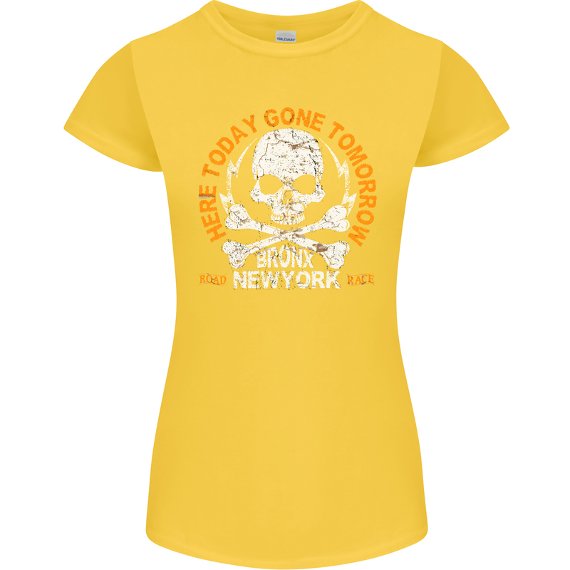Biker Skull Here Today Motorbike Motorcycle Womens Petite Cut T-Shirt Yellow