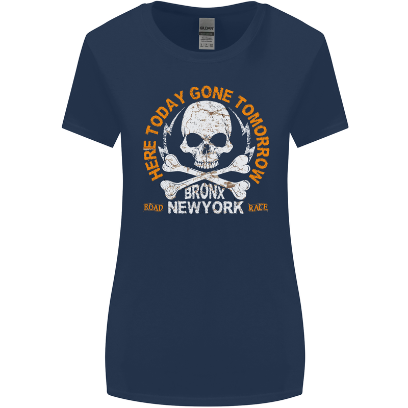 Biker Skull Here Today Motorbike Motorcycle Womens Wider Cut T-Shirt Navy Blue