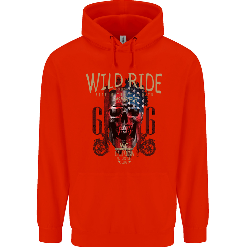 Biker USA Flag Skull Motorbike Motorcycle Childrens Kids Hoodie Bright Red