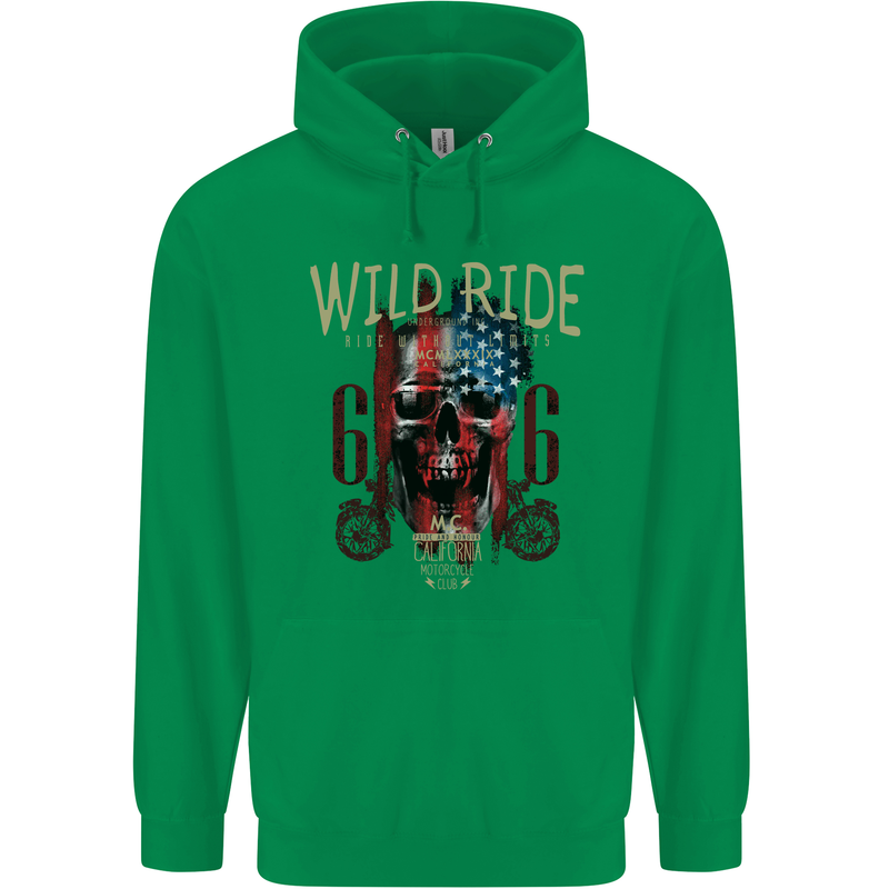 Biker USA Flag Skull Motorbike Motorcycle Childrens Kids Hoodie Irish Green