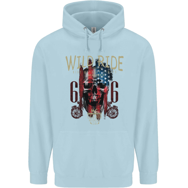 Biker USA Flag Skull Motorbike Motorcycle Childrens Kids Hoodie Light Blue