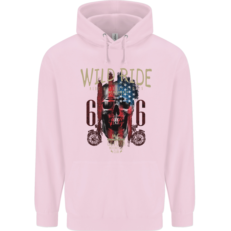 Biker USA Flag Skull Motorbike Motorcycle Childrens Kids Hoodie Light Pink