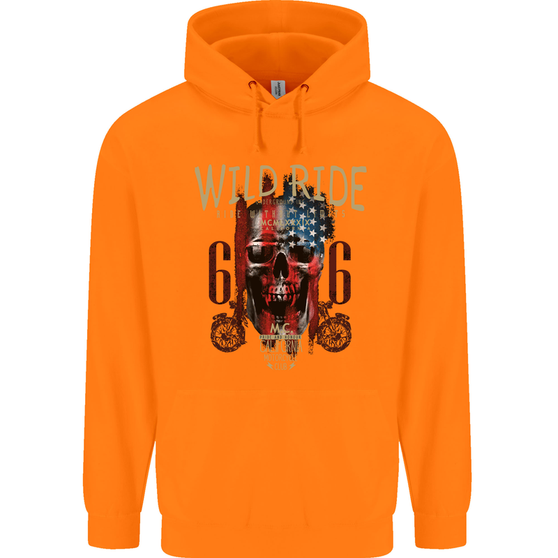Biker USA Flag Skull Motorbike Motorcycle Childrens Kids Hoodie Orange