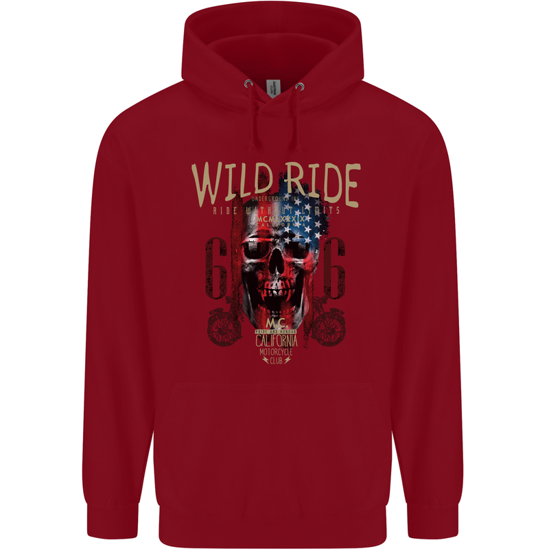 Biker USA Flag Skull Motorbike Motorcycle Childrens Kids Hoodie Red