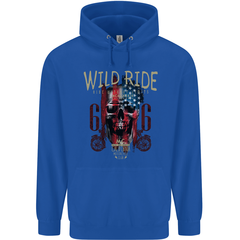 Biker USA Flag Skull Motorbike Motorcycle Childrens Kids Hoodie Royal Blue
