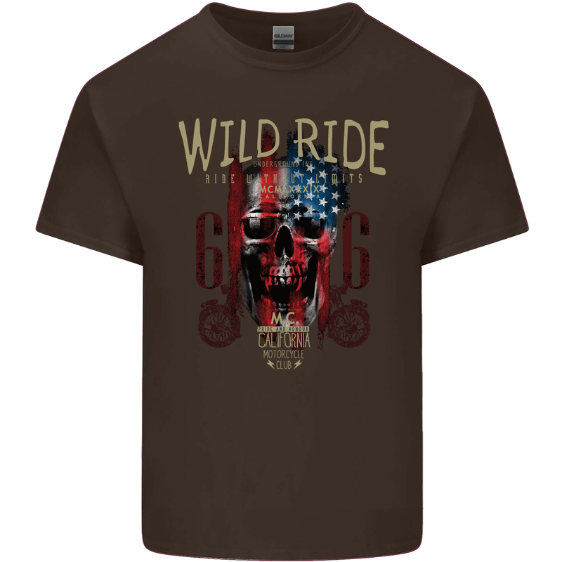 Biker USA Flag Skull Motorbike Motorcycle Kids T-Shirt Childrens Chocolate