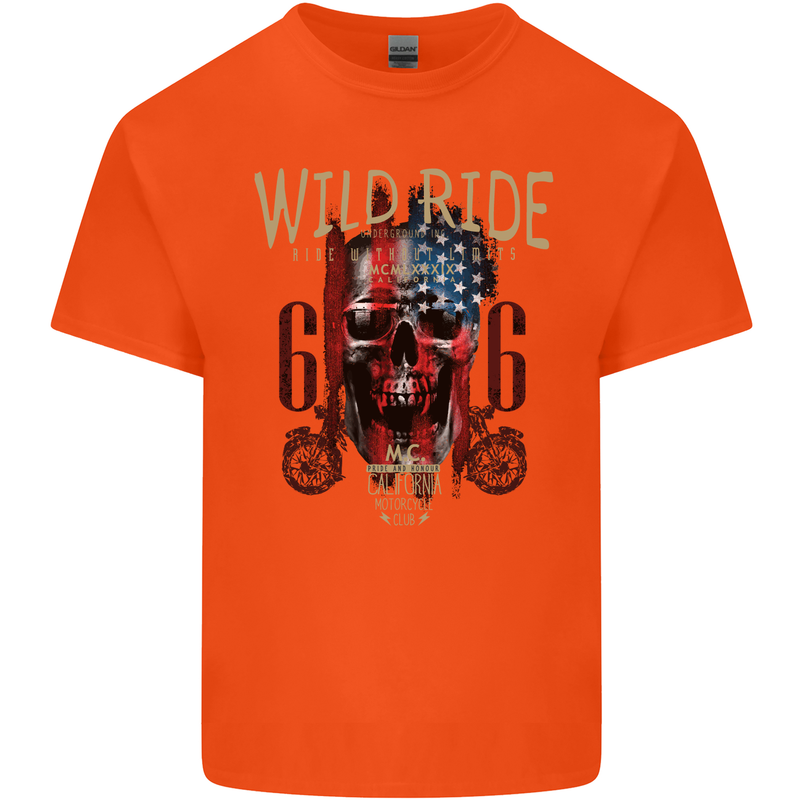Biker USA Flag Skull Motorbike Motorcycle Kids T-Shirt Childrens Orange