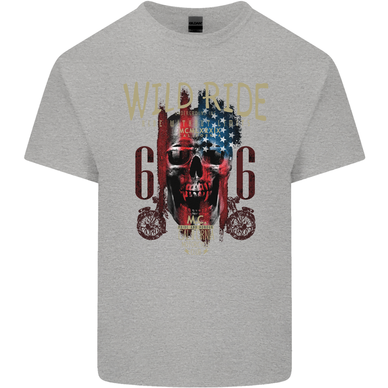 Biker USA Flag Skull Motorbike Motorcycle Kids T-Shirt Childrens Sports Grey