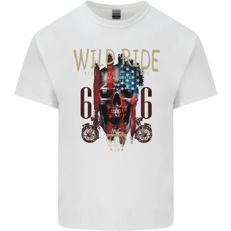 Biker USA Flag Skull Motorbike Motorcycle Kids T-Shirt Childrens White