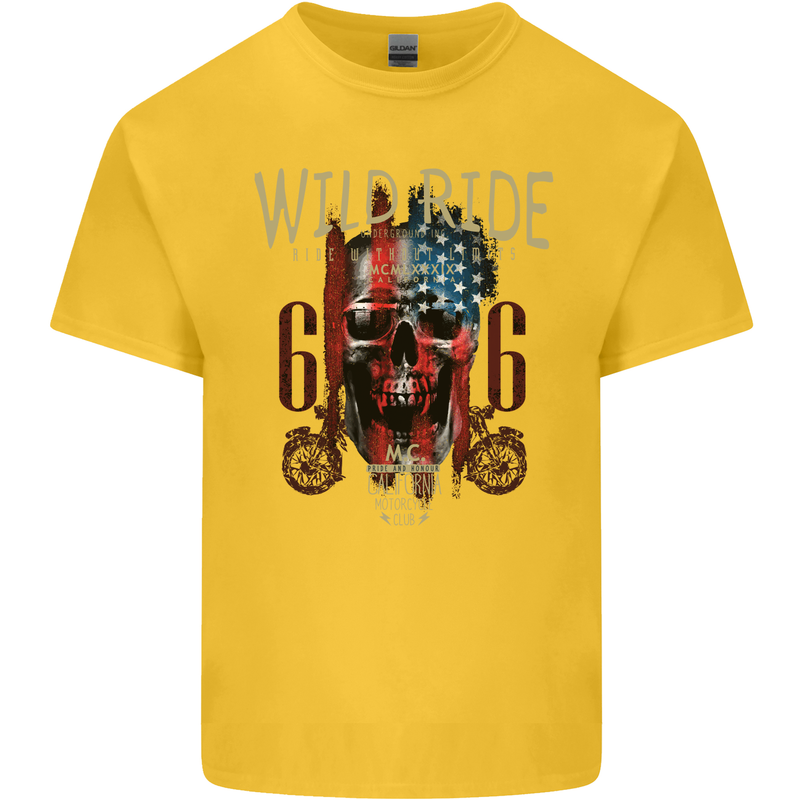 Biker USA Flag Skull Motorbike Motorcycle Kids T-Shirt Childrens Yellow
