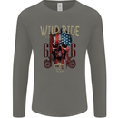 Biker USA Flag Skull Motorbike Motorcycle Mens Long Sleeve T-Shirt Charcoal