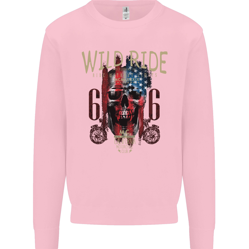 Biker USA Flag Skull Motorbike Motorcycle Mens Sweatshirt Jumper Light Pink