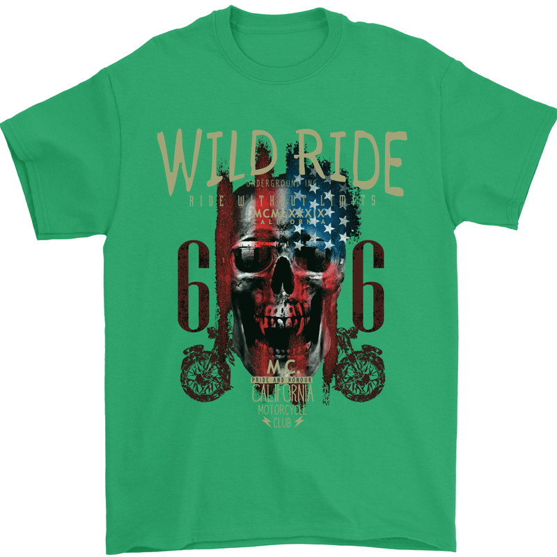 Biker USA Flag Skull Motorbike Motorcycle Mens T-Shirt Cotton Gildan Irish Green