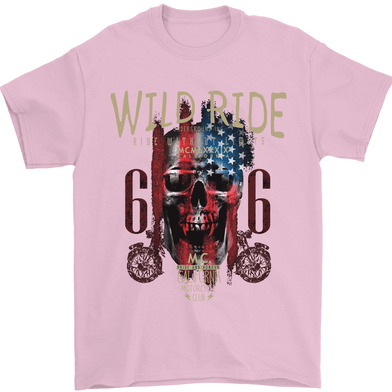 Biker USA Flag Skull Motorbike Motorcycle Mens T-Shirt Cotton Gildan Light Pink