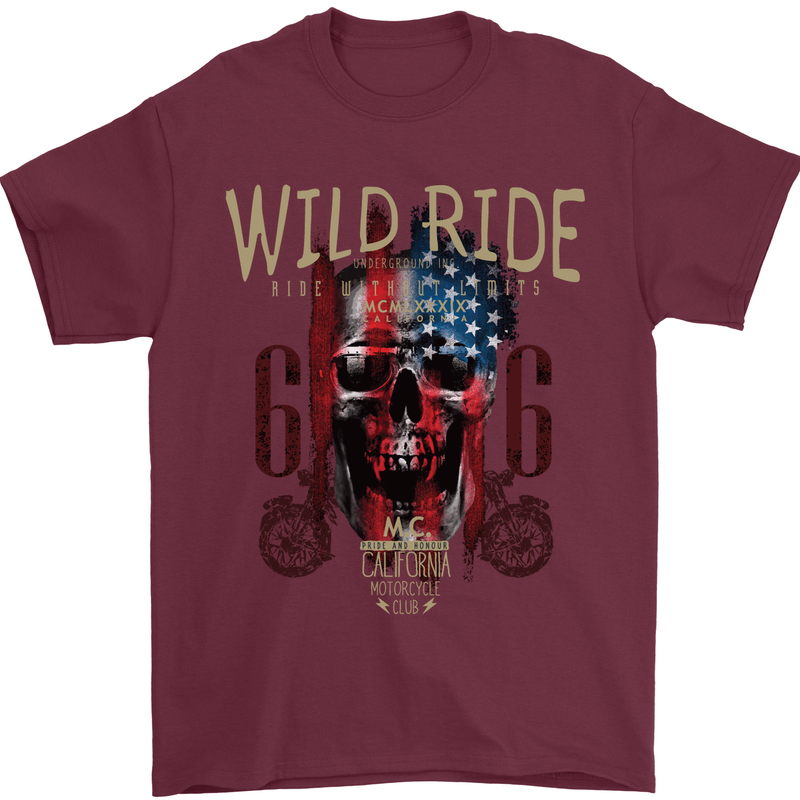 Biker USA Flag Skull Motorbike Motorcycle Mens T-Shirt Cotton Gildan Maroon