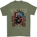 Biker USA Flag Skull Motorbike Motorcycle Mens T-Shirt Cotton Gildan Military Green