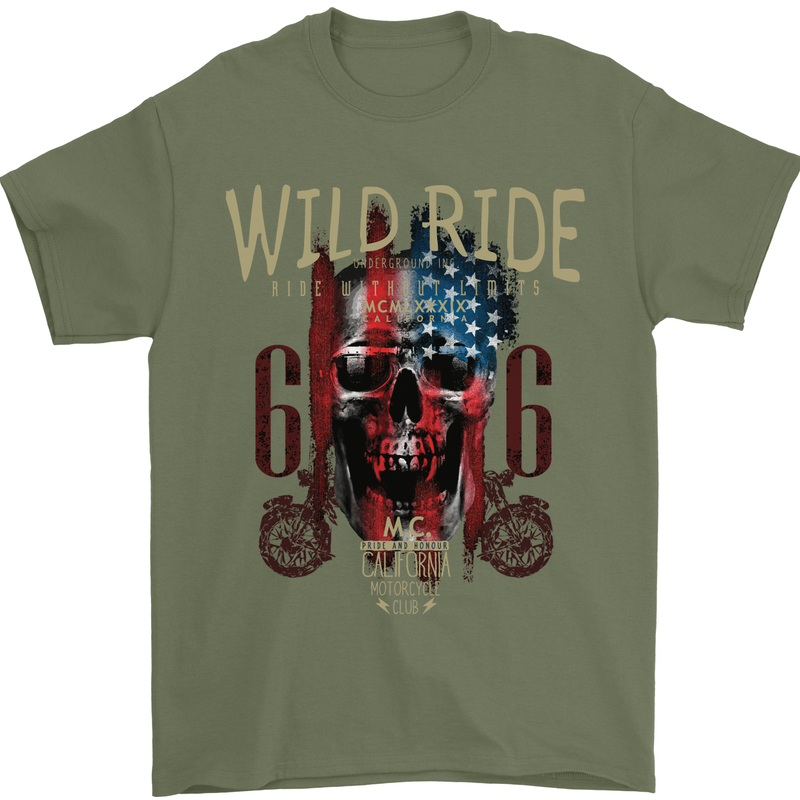 Biker USA Flag Skull Motorbike Motorcycle Mens T-Shirt Cotton Gildan Military Green