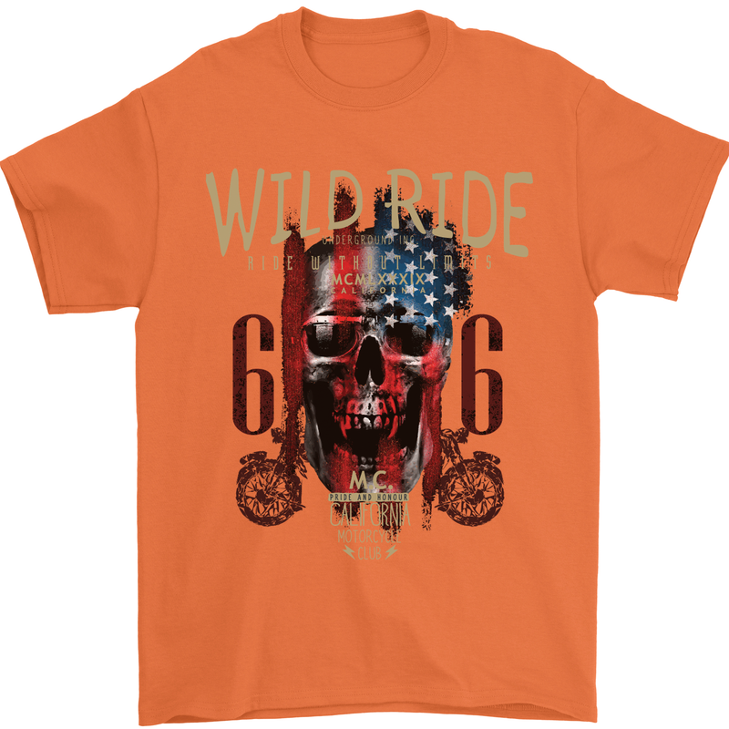 Biker USA Flag Skull Motorbike Motorcycle Mens T-Shirt Cotton Gildan Orange