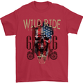 Biker USA Flag Skull Motorbike Motorcycle Mens T-Shirt Cotton Gildan Red