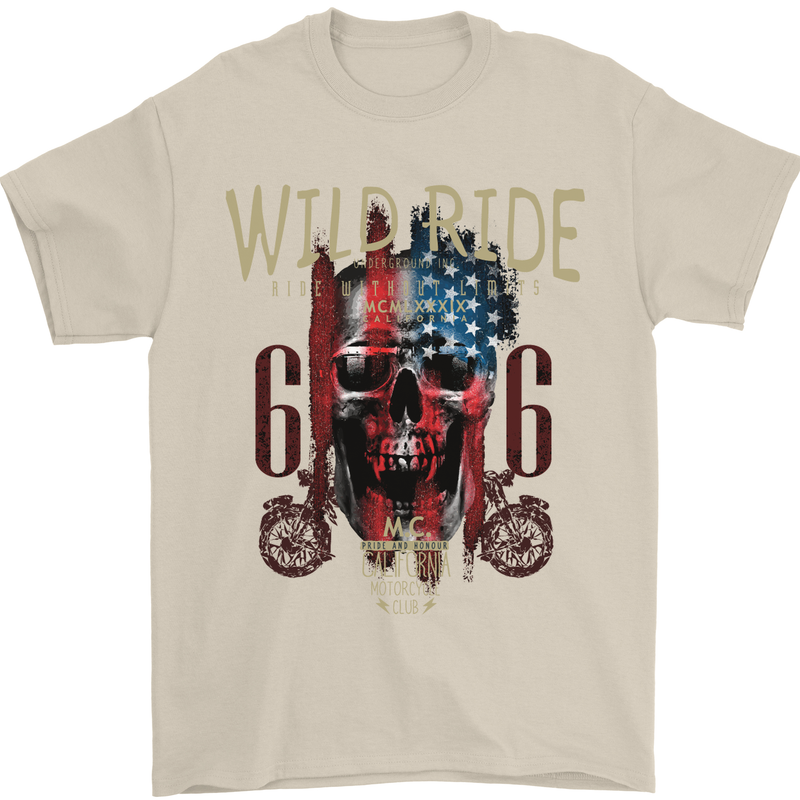 Biker USA Flag Skull Motorbike Motorcycle Mens T-Shirt Cotton Gildan Sand